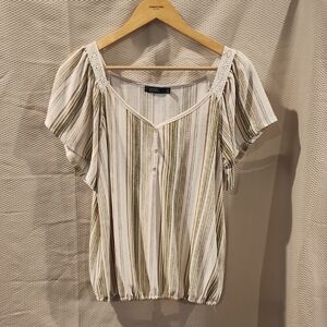 Cupio Cream and Olive Striped Short-Sleeve Button Blouse